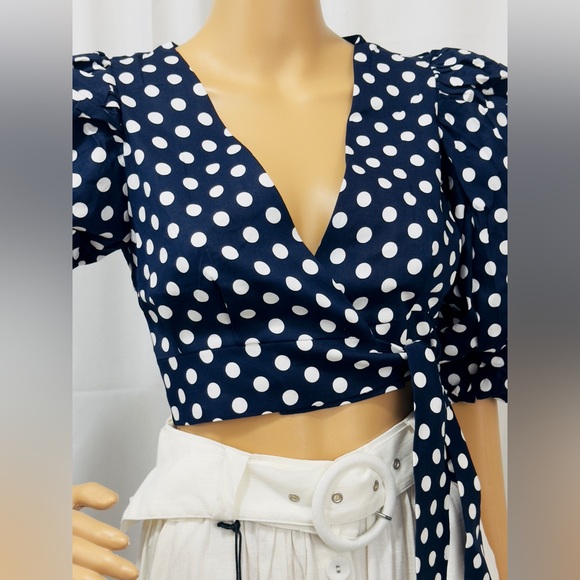 Elegant Cropped Wrap Navy&White Polka Dot Blouse Puff Elbow Length Sleeves M NWT - Picture 3 of 11